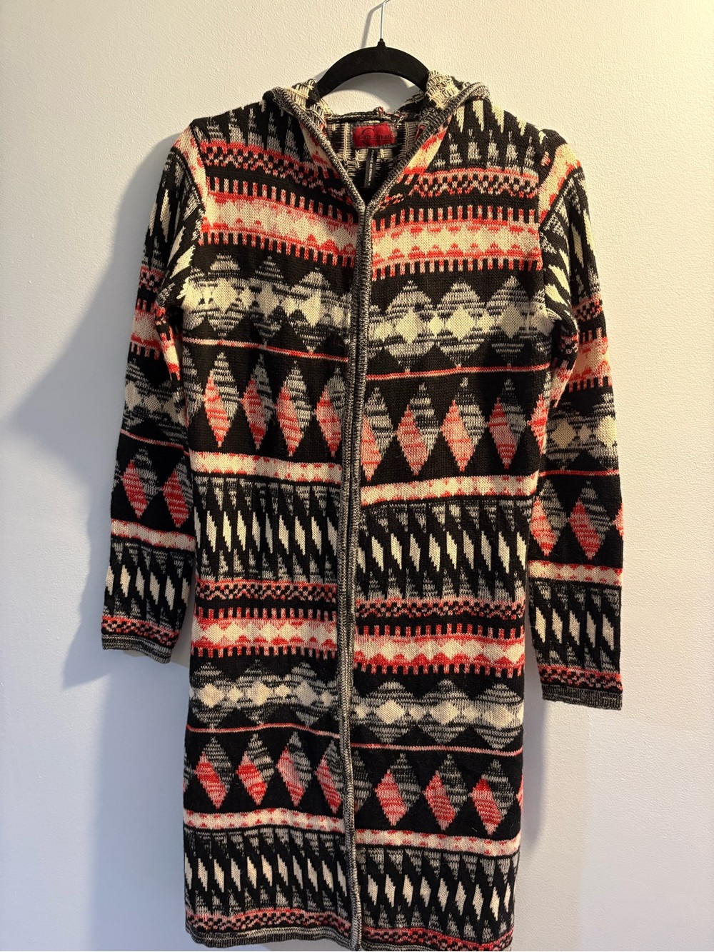 Long Hooded Tribal Zip Front Coatigan - Black, Cream & Coral